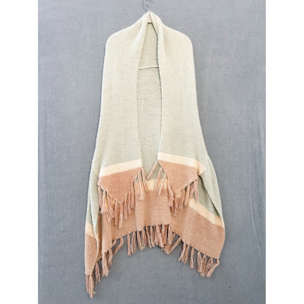 Italy Design Women Sage Green Colorblock Fringed Knit Shawl Vest Open Front Wrap